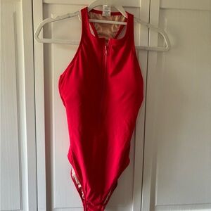 J.Crew high-neck racerback zip front swimsuit, red, size 6
